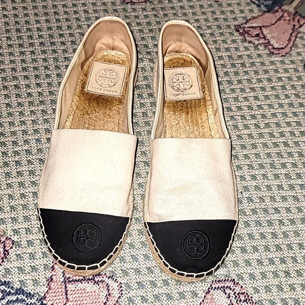 Tory Burch Espadrille flats black & beige logo slip on fabric